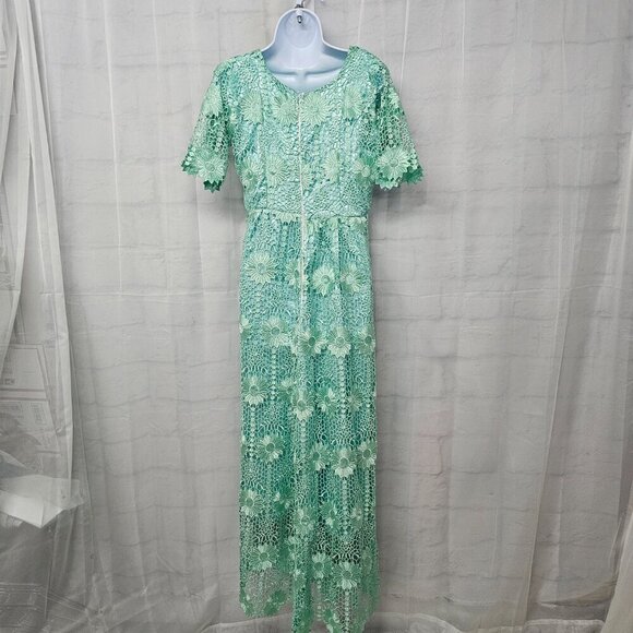 Handmade Seafoam Green Lace Crochet Floral Satin Formal Maxi formal Dress M/L - Picture 8 of 12